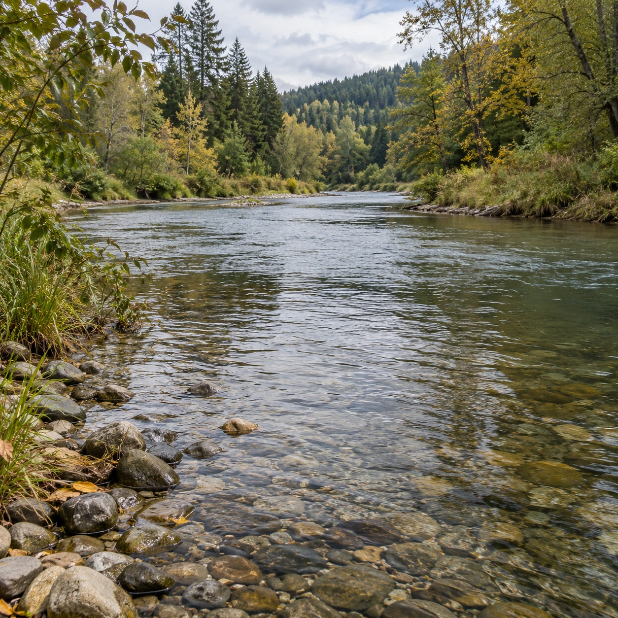 A gently flowing river with clear water over stones, bordered by trees in early autumn.